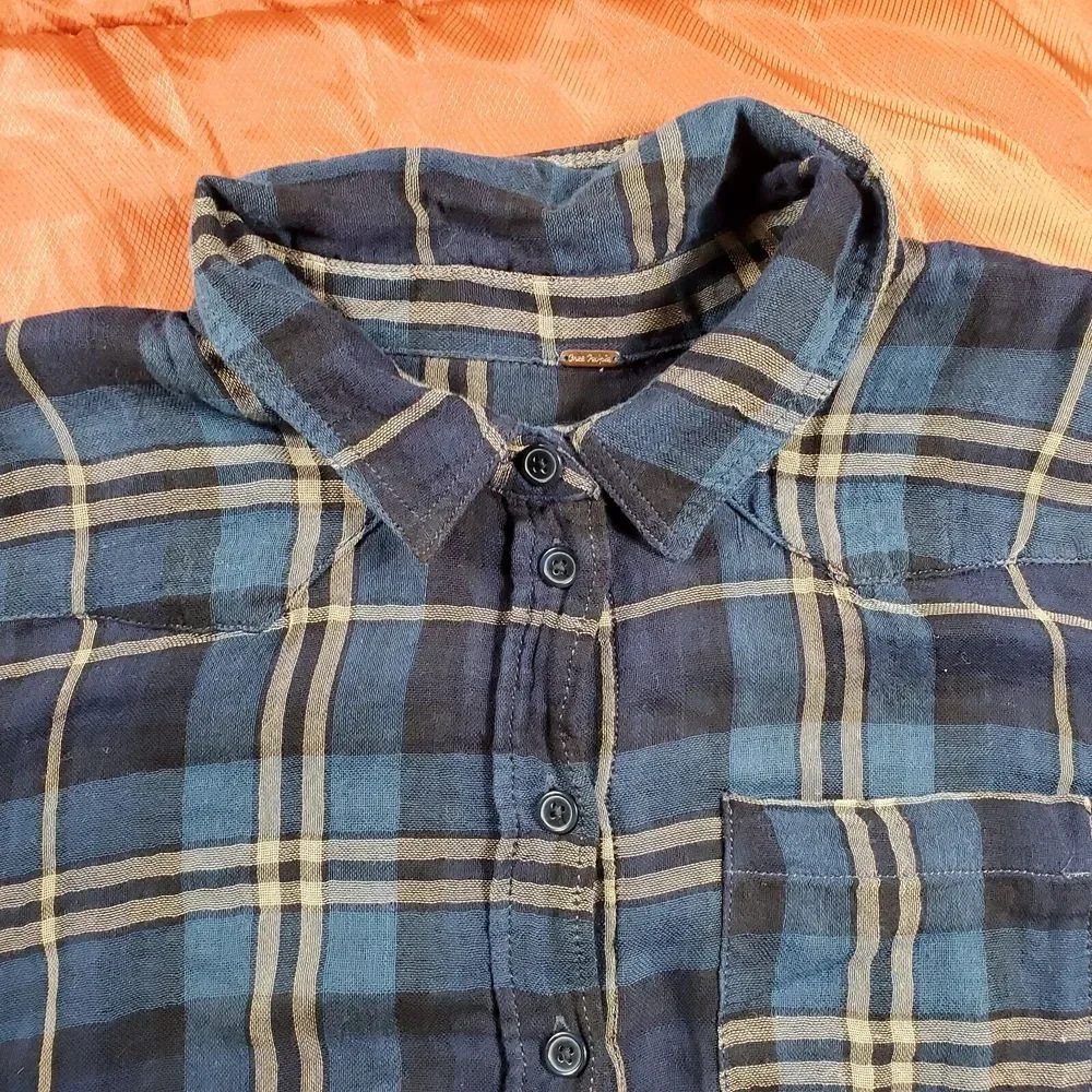 Free People Women's Blue Plaid Long‎ Sleeve Button Down Top Size Small FP